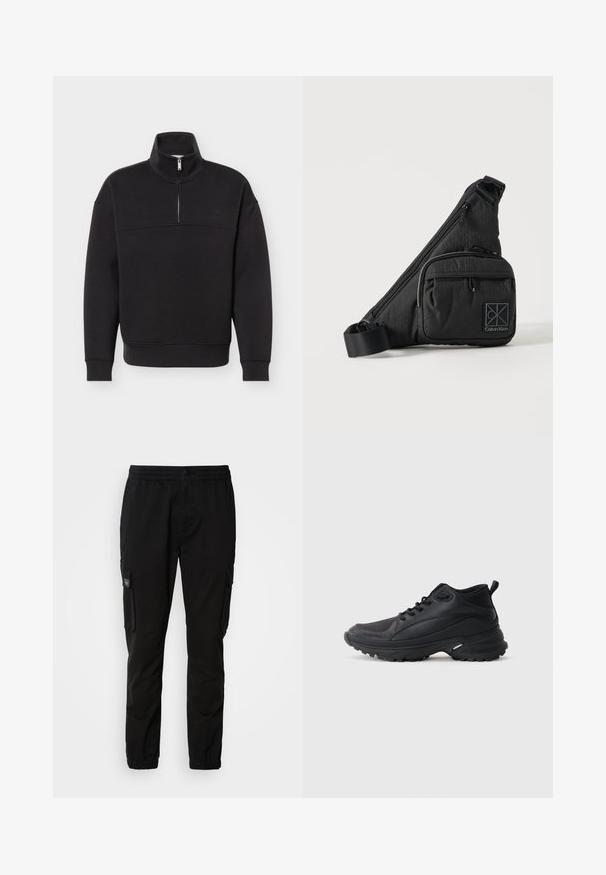 Sort kvart-lynlås pullover sweatshirt med lange ærmer, ribbede manchetter og kant samt en høj krave mod en ensartet hvid baggrund.; Sorte cargo-bukser med elastisk talje, knaplukning, to sidelommer og to cargo-lommer. Glat stof med en afslappet pasform.; Sorte atletikskøjter lavet af syntetisk materiale. Har en polstret krave, rund tå, robust ydersål med godt greb og detaljer med mærkelogo.; Sort Calvin Klein crossbody taske med justerbar rem, front lynlåslomme og diskret logomønster på ensfarvet baggrund.