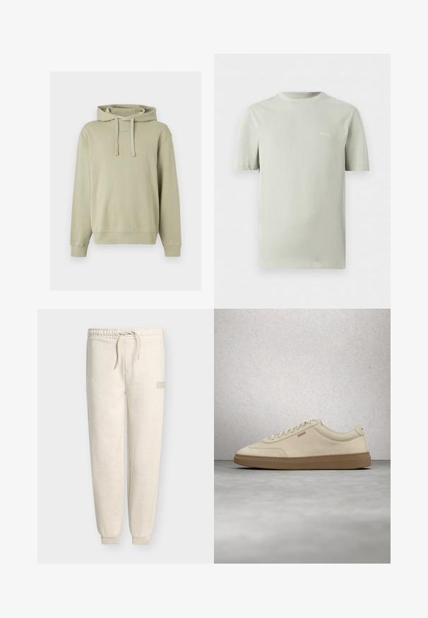 Sweat à capuche beige clair avec cordons à l'avant et logo discret en relief sur la poitrine, avec manches longues et poignets et ourlet côtelés.; T-shirt gris clair à manches courtes avec col rond et petit logo blanc "HUGO" sur la poitrine gauche.; Pantalon de jogging en polaire beige avec taille élastique et cordon, jambes fuselées avec poignets aux chevilles, et petit logo rectangulaire sur la cuisse droite.; Baskets en daim beige clair avec une semelle en caoutchouc gomme, des lacets prononcés et des détails de couture subtils. Design épuré avec une esthétique minimaliste.