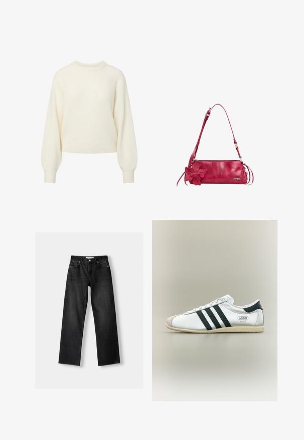 Cremfarbener, langärmliger Strickpullover mit geripptem Rundhalsausschnitt, Bündchen und Saum.; Bershka Jeans Straight Leg - mottled dark grey; Weißer Adidas Paris Sneaker mit schwarzen Streifen, beiger Sohle und Wildleder-Zehenkappe, von der Seite auf neutralem Hintergrund gezeigt.; Rote Leder-Umhängetasche mit verstellbarem Riemen, dekorativer Blumenverzierung und kleinem metallischem Desigual-Logo auf der Vorderseite.