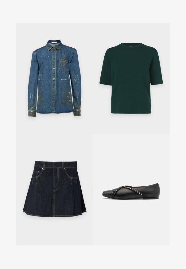 Chemise verte à manches courtes en tissu doux, avec un col rond et une coupe décontractée, sans motifs ni accessoires visibles.; Chemise en denim pour homme, bleue avec des taches de détérioration et des éclaboussures de peinture blanche, design à boutons, manches longues, poche poitrine et col pointu.; Jupe en denim bleu foncé, avec un design évasé, des passants de ceinture, des poches avant et des coutures contrastantes le long des coutures.; Chaussure plate en cuir noir à bout pointu, ornée d'une sangle décorative avec des clous en argent et un détail de boucle. Texture lisse, design minimaliste.