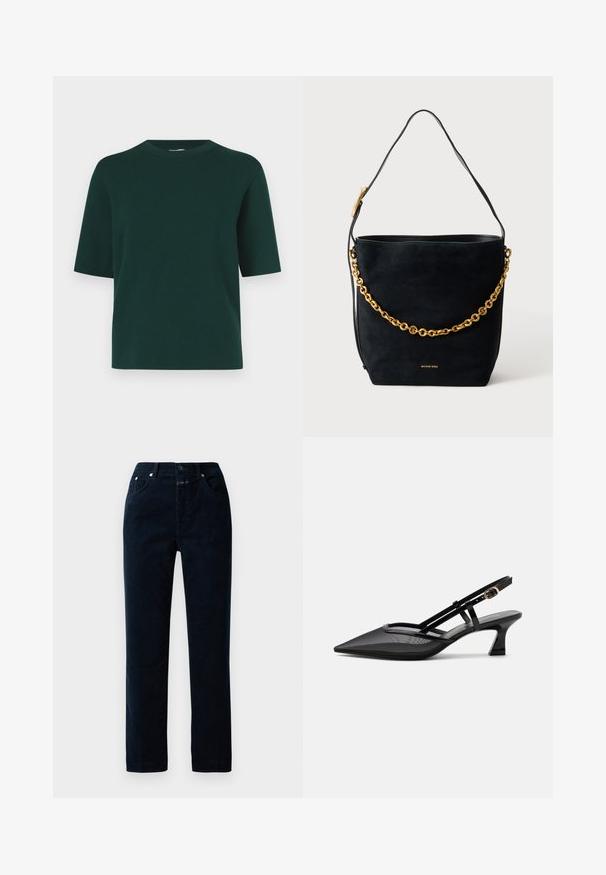Camisa verde de manga corta hecha de tela suave, con un cuello redondo y un ajuste holgado, sin patrones ni elementos visibles.; Pantalones de pana en color navy con un diseño de pierna recta, que cuentan con bolsillos frontales, cremallera y detalles de botón metálico en la cinturilla.; Zapato slingback negro con punta afilada, parte superior de malla, tiras delgadas, hebilla dorada y tacón bajo curvado sobre fondo blanco.; Bolso tipo cubo de ante negro con detalle de cadena dorada y correa delgada para el hombro, pequeño logo "Michael Kors" en dorado en la parte inferior central.