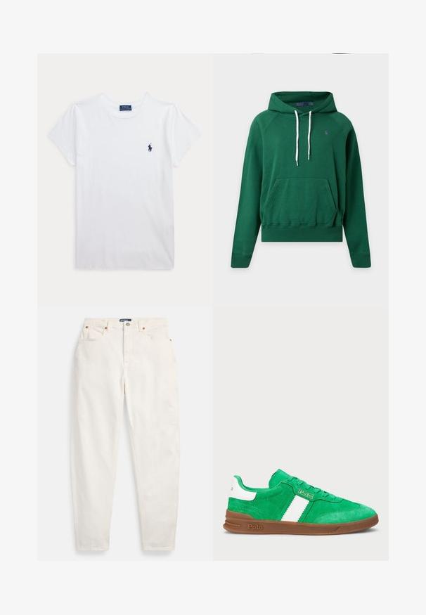 Grüner Kapuzenpullover mit Fronttasche, weißen Kordeln, gerippten Bündchen und Saum und kleinem lila gesticktem Logo auf der Brust.; Weißes T-Shirt mit kurzen Ärmeln und Rundhalsausschnitt mit kleinem dunkelblauem Polo Ralph Lauren Logo auf der linken Brust.; Weiße Jeans mit hoher Taille und geradem Bein, mit vorderem Knopf und Reißverschluss, Fünf-Taschen-Design und Polo-Markenlabel am Bund.; Grüne Wildledersneaker mit einem weißen horizontalen Streifen, einer braunen Gummisohle und tonalen Schnürsenkeln. Branding an der Seite und hinten.