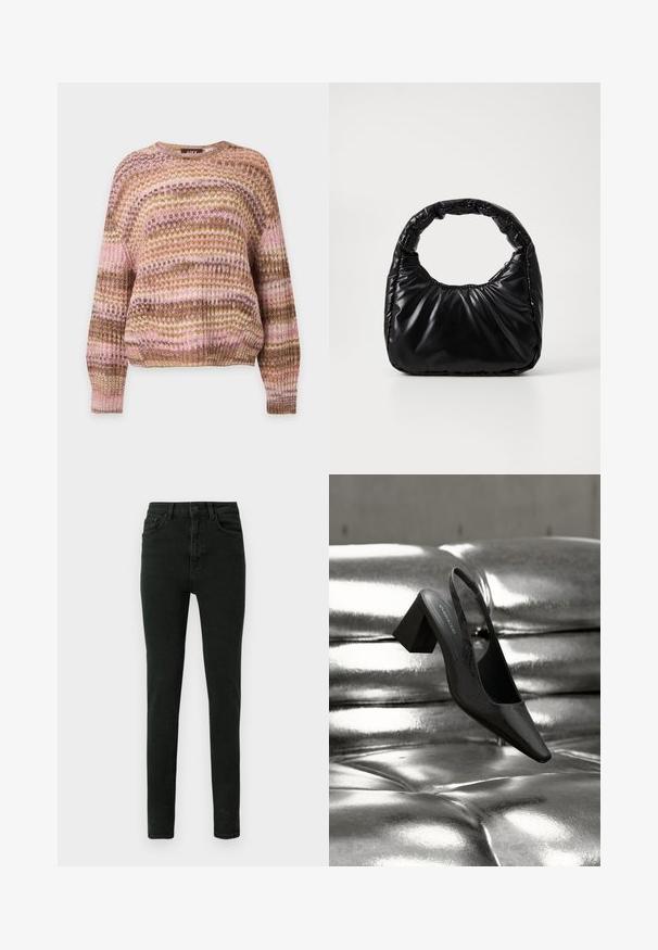 Gestrickter Pullover mit langen Ärmeln in pinken, braunen und grünen horizontalen Streifen, mit rundem Ausschnitt und gerippten Bündchen und Saum.; Schwarz hoch geschnittene Jeans im Slim-Fit aus Denim mit subtiler Textur, ausgestattet mit fünf Taschen und einem Frontknopfverschluss.; Schwarzer Slingback-Absatz mit spitz zulaufender Spitze, der eine strukturierte Oberfläche und einen massiven Blockabsatz aufweist. Auf einem glänzenden, metallischen Hintergrund platziert.; Schwarze gepolsterte Handtasche mit einem runden Griff, die eine glatte, glänzende Oberfläche und eine weiche, gestepfte Textur aufweist. Keine sichtbare Hardware oder Akzente.