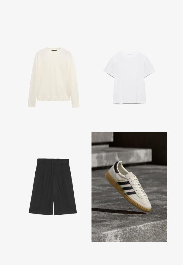 Witte trui met lange mouwen en ronde hals, voorzien van geribbelde manchetten en zoom, afgebeeld tegen een effen witte achtergrond.; Effen wit T-shirt met korte mouwen en ronde hals, met een rechte zoom, gepresenteerd tegen een witte achtergrond.; Zwarte linnen shorts met een ontspannen pasvorm, voorzien van een vlakke voorkant, twee zijzakken en een knoopsluiting in de taille.; Witte Adidas Spezial sneaker met zwarte strepen en gumzool, zwevend boven grijze stenen trappen buiten.