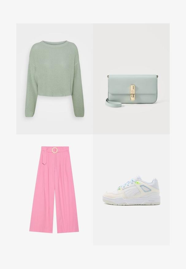 Pull vert clair en maille avec manches longues et col rond, présenté sur un fond blanc uni.; Pantalons larges rose à taille haute, dotés d'une ceinture avec une boucle en bois circulaire et de plis pour la texture.; Baskets blanches avec des accents bleu clair et vert néon. Fabriquées en cuir lisse et en mesh, elles présentent un col rembourré et une semelle texturée.; Pochette en cuir bleu clair avec fermoir rectangulaire doré et sangle de poignet amovible sur fond blanc.