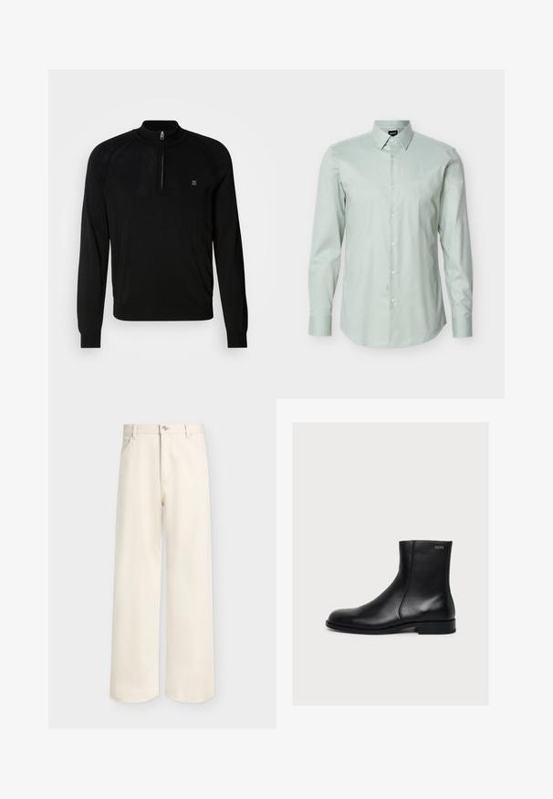 Pull noir en maille avec un col zippé mi-haut, des poignets côtelés, des détails texturés aux épaules et un petit logo sur la poitrine.; Chemise habillée pour hommes à manches longues vert clair avec un col pointu et des boutons blancs, présentée sur un fond blanc uni.; Pantalon large couleur blanc cassé avec bouton et fermeture éclair à l'avant, passants pour ceinture et deux poches avant, présenté sur un fond uni.; Bottine noire en cuir lisse avec petit talon et fermeture éclair latérale, étiquetée Hugo près du bord supérieur.