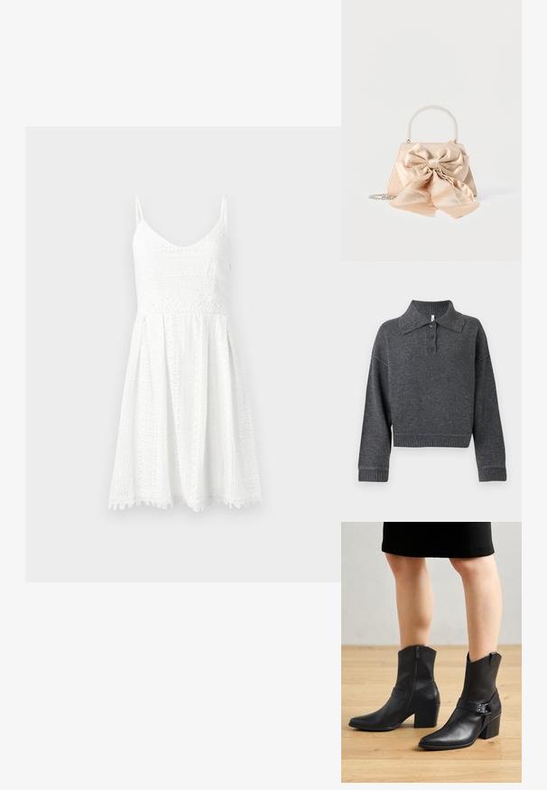 Pull en maille gris foncé avec un col à revers, trois boutons, et des poignets et un ourlet côtelés. Présente une silhouette courte et une texture douce.; Robe en dentelle blanche avec un corsage ajusté et une jupe évasée. Présente des bretelles fines, un décolleté en V et des motifs floraux délicats.; Bottines en cuir noir avec un bout pointu, fermeture éclair, talon courbé et une sangle décorative avec des accents en métal.; Sac à main en satin beige avec un grand nœud décoratif assorti, une poignée ornée de perles et une bandoulière en chaîne argentée sur fond blanc.
