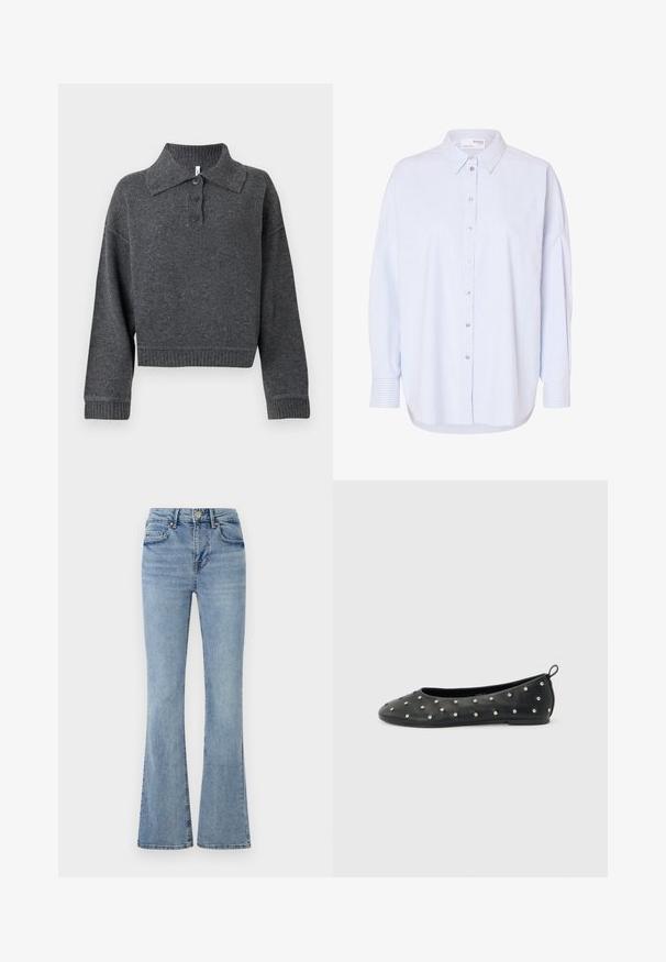 Donkergrijze gebreide trui met een kraag, drie knopen en geribde manchetten en onderrand. Heeft een cropped silhouet en een zachte textuur.; Wit en lichtblauw verticaal gestreept overhemd met lange mouwen, knopen, kraag en manchetten, losse pasvorm, merk Selected Femme.; Lichtblauwe denim jeans met een hoge taille, een knoop- en ritsluiting aan de voorkant, vijf zakken en licht uitlopende pijpen.; Zwarte leren balletschoen met kleine zilveren studs en een trek lusje op de hak, afgebeeld vanaf de zijkant op een lichtgrijze achtergrond.