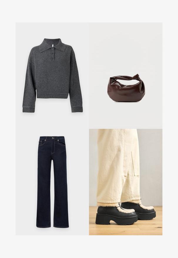 Mørkegrå striktrøje med krave, tre knapper og ribbede manchetter samt kant. Har en cropped silhuet og blød tekstur.; Mørkeblå denimjeans med lige ben, knaplukning, bæltestropper og fem lommer, præsenteret på en hvid baggrund.; Sorte platformstøvler med en rund tå, der har en fluffy cremefarvet krave og snøre detaljer, parret med løse beige bukser på et trægulv.; Mørkebrun læder skuldertaske med en blød, afslappet form og et snoet knudehåndtag på en ensartet hvid baggrund.