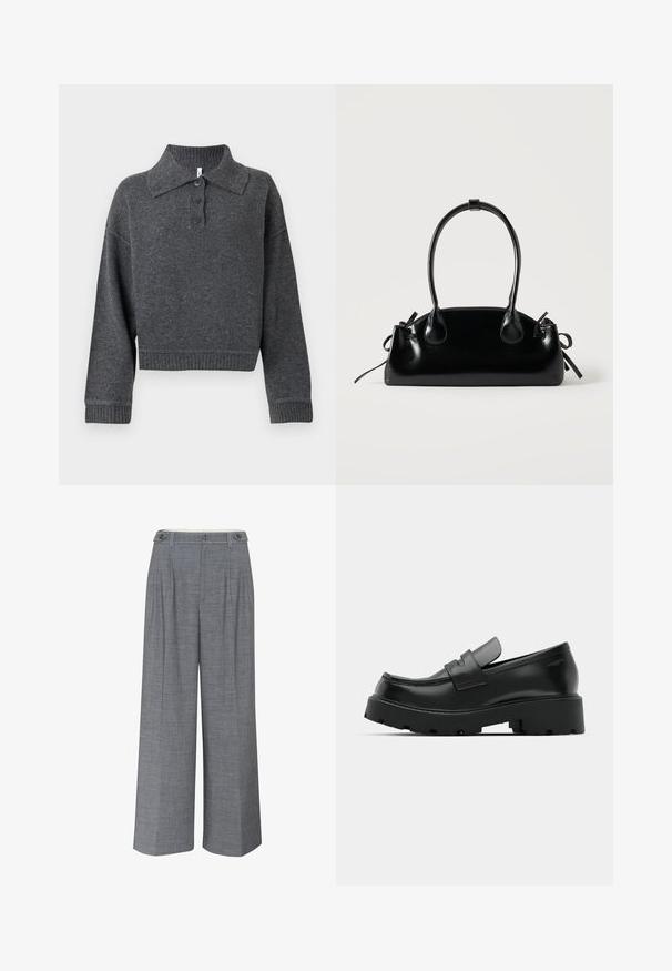 Suéter de punto gris oscuro con cuello tipo polo, tres botones y puños y dobladillo acanalados. Presenta un silueta corta y una textura suave.; Pantalones de pierna ancha gris, confeccionados en un tejido texturizado, con un cierre de doble botón y pliegues frontales que añaden un detalle de diseño adicional.; Mocasines de cuero negro con suela gruesa y texturizada, que presentan una correa sobre el empeine y un acabado suave y pulido.; Pequeño bolso negro brillante con dos asas largas y detalles de cordón lateral sobre un fondo claro liso.