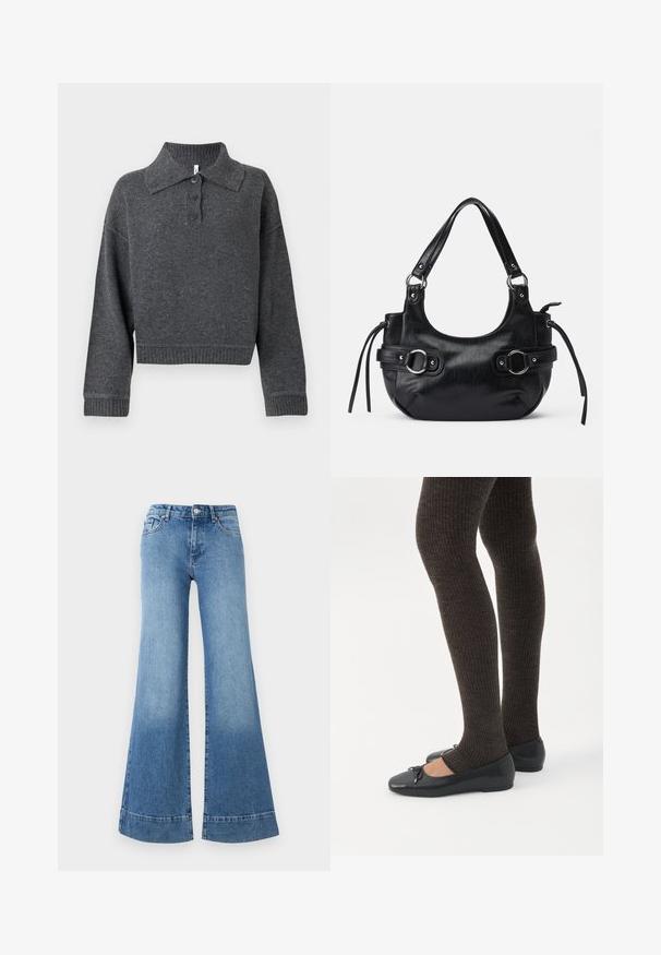 Mørkegrå striktrøje med krave, tre knapper og ribbede manchetter samt kant. Har en cropped silhuet og blød tekstur.; Lys blå denim flared jeans med høj talje, brede ben og en let falming. Har klassisk fem-lomme-design og metal knaplukning.; Ben iført mørke ribbede leggings kombineret med sorte balletsko med små sløjfedetaljer på hvid baggrund.; Sort læderhåndtaske med en rund form, der har to sidelukninger, en glat tekstur og en kort skulderrem. Der er pynt i form af sidekæder.