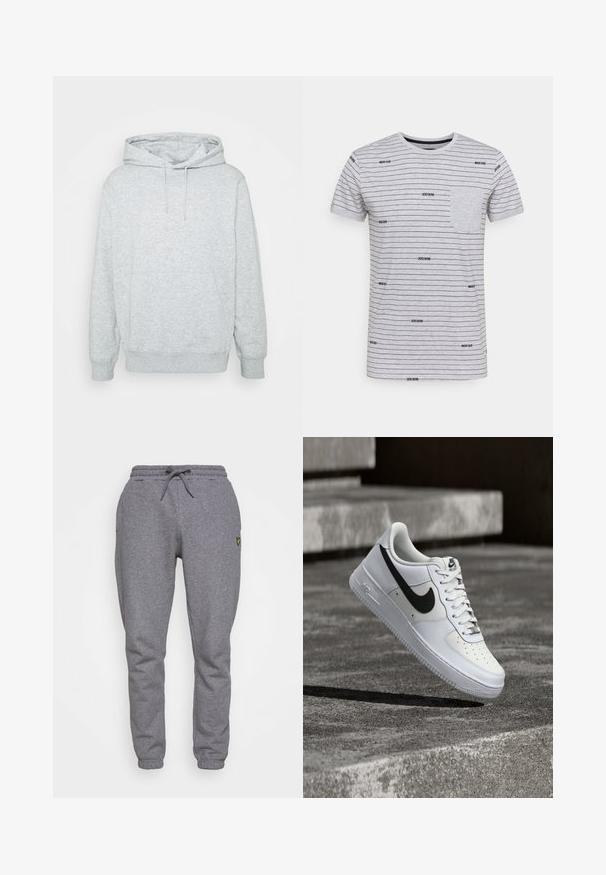 Grijze hoodie van een katoenmix, met een trekkoordkap, kangoeroe-inzet, ribgebreide manchetten en onderrand, en een zachte textuur.; Grijze katoenen T-shirt met zwarte strepen en logo-details. Heeft een ronde halslijn en een borstzakje aan de linkerkant. Korte mouwen.; Grijze katoenen sweatpants met een elastische tailleband, koord, zijzakken en een klein geel logo op de dij. Tapered leg ontwerp.; Witte Nike Air Force 1 sneaker met zwarte swoosh, veters gestrikt, zwevend in de lucht boven een gestructureerd betonnen oppervlak buiten.