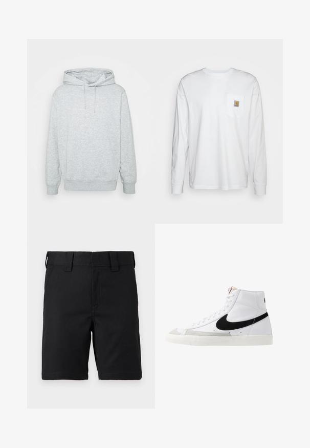 Hoodie gris en tissu mélangé coton, avec une capuche à cordon, une poche kangourou, des poignets et un ourlet côtelés, au toucher doux.; Chemise blanche à manches longues en coton, dotée d'une poche poitrine avec un patch logo carré. Design simple avec un col arrondi et des manches à poignets.; Shorts noirs mi-genoux avec passants de ceinture et poches avant, fabriqués en tissu robuste, présentés sur fond blanc.; Baskets montantes blanches avec un swoosh noir, un capuchon de pied texturé gris et une semelle plate blanche. Elles possèdent six œillets et des accents cousus.