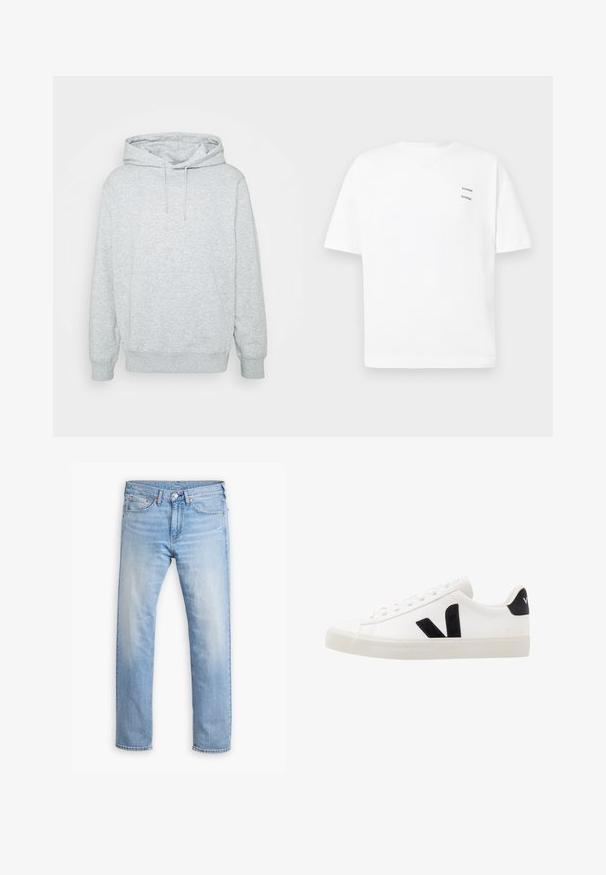 Graue Kapuzenjacke aus einem Baumwoll-Mischgewebe, versehen mit einer Kordelzugkapuze, einer Kängurutasche, gerippten Bündchen und Saum, in einer weichen Textur.; Weißes Baumwoll-T-Shirt mit lässiger Passform, kurzen Ärmeln und V-Ausschnitt. Verfügt über zwei kleine schwarze gedruckte Logos auf der linken Seite.; Hellblaue Denim-Jeans mit geradem Schnitt, fünf Taschen und einer Knopfleiste. Verfügt über subtile Ausbleichungen und orangefarbene Nähte.; Weiße Leder-Sneaker mit schwarzen Wildlederelementen; verfügen über eine Gummisohle, eine runde Spitze und ein klassisches Schnürdesign. Seitliches Logo in Schwarz.