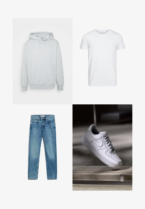 Graue Kapuzenjacke aus einem Baumwoll-Mischgewebe, versehen mit einer Kordelzugkapuze, einer Kängurutasche, gerippten Bündchen und Saum, in einer weichen Textur.; Rundhals-T-Shirt mit kurzen Ärmeln in reinem Weiß, aus weicher Baumwolle, mit einem schlichten Design ohne sichtbare Muster oder Akzente.; Helle blaue Denim-Jeans mit geradem Schnitt, fünf Taschen, Reißverschluss und dezentem Ausbleichen des Stoffes. Metallknopfverschluss.; Weißer Nike Air Force 1 Sneaker aus Leder mit perforierter Zehenpartie, flachen Schnürsenkeln und strukturierter Gummisohle mit "AIR"-Branding an der Seite.