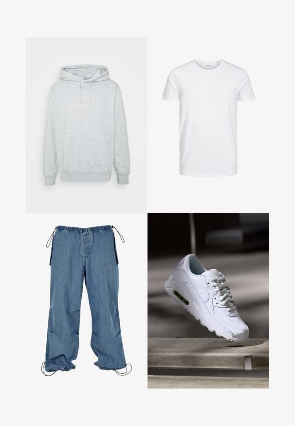 Sudadera gris hecha de una mezcla de algodón, con capucha ajustable con cordones, bolsillo tipo canguro, puños y dobladillo acanalados, y una textura suave.; Camiseta de manga corta y cuello redondo en blanco sólido, fabricada en algodón suave, presenta un diseño simple sin patrones ni acentos visibles.; Pantalones de mezclilla azul claro con cintura elástica, puños con cordón y bolsillos laterales. La tela parece suave con una textura ligeramente descolorida.; Zapatilla blanca de piel con superficies texturizadas, cuello acolchado y amortiguación de aire visible en la suela. Presenta cordones y un diseño minimalista.