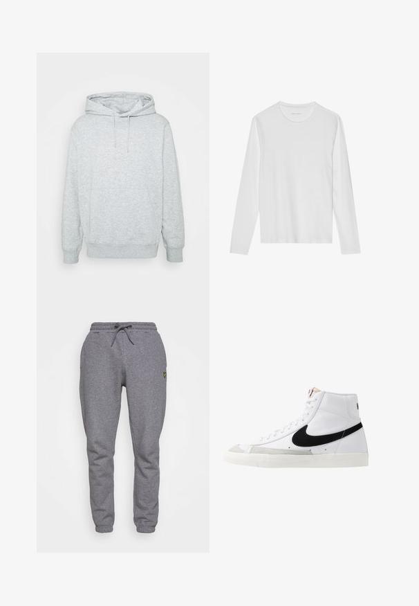 Grijze hoodie van een katoenmix, met een trekkoordkap, kangoeroe-inzet, ribgebreide manchetten en onderrand, en een zachte textuur.; Wit T-shirt met lange mouwen gemaakt van zacht katoen, met een ronde halslijn en een gladde textuur zonder zichtbare patronen of accenten.; Grijze katoenen sweatpants met een elastische tailleband, koord, zijzakken en een klein geel logo op de dij. Tapered leg ontwerp.; Witte hoge sneakers met een zwarte swoosh, textuur grijze neus en een vlakke witte zool. Kenmerkt zes veteropeningen en gestikte accenten.