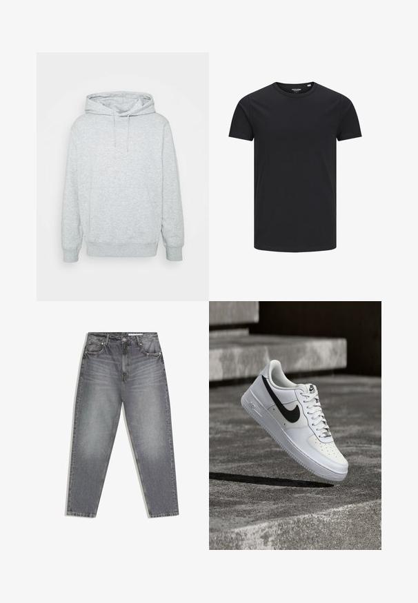Hanorac gri dintr-un amestec de bumbac, cu glugă ajustabilă, buzunar tip kangaroo, manșete și tiv cu elastic, având o textură moale.; Tricou negru din bumbac, cu guler rotund, mâneci scurte și un design simplu. Textură netedă, fără modele sau accesorii vizibile.; Blugi gri din denim cu talie înaltă, detalii estompate, cinci buzunare și închidere cu nasture și fermoar.; Pantof sport Nike Air Force 1 alb cu swoosh negru, șireturile legate, poziționat în aer deasupra unei suprafețe texturate de beton în aer liber.