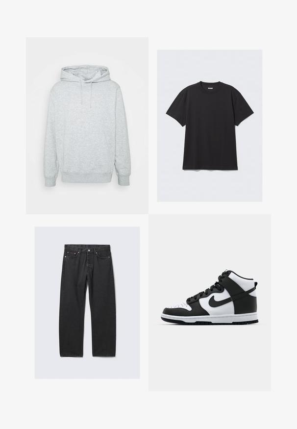 Gray hoodie made of cotton blend fabric, featuring a drawstring hood, kangaroo pocket, ribbed cuffs, and hem, with a soft texture.; Black short-sleeve t-shirt made of cotton. Features a crew neckline and a relaxed fit. Simple design with no patterns or accents visible.; Black straight-leg denim jeans with five-pocket styling and a button closure at the waist, laid flat against a light background.; Black and white high-top sneaker with leather upper, perforated toe box, prominent swoosh logo, and textured rubber sole.
