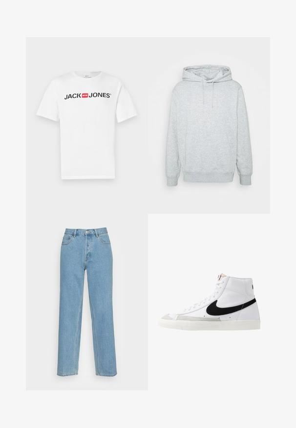 Grå hættetrøje lavet af en bomuldsblanding, med snor i hætten, kengurulomme, ribbede manchetter og kant, samt en blød tekstur.; Hvid bomulds-T-shirt med stort sort "JACK & JONES" logo med en rød boksdetalje. Korte ærmer og klassisk rund hals.; Lysblå lige ben jeans lavet af denim, med et klassisk fem-lomme design, en knaplukning foran og synlige syninger.; Hvide høje sneakers med et sort swoosh, struktureret grå tåhætte og flad hvid sål. Har seks snørrehuller og syede detaljer.
