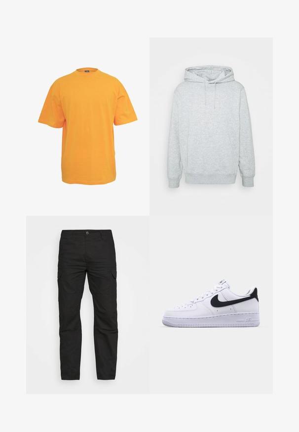 Grå hættetrøje lavet af en bomuldsblanding, med snor i hætten, kengurulomme, ribbede manchetter og kant, samt en blød tekstur.; Orange bomulds t-shirt med rund halsudskæring, korte ærmer og en afslappet pasform. Ingen mønstre eller detaljer. Glat tekstur.; Sorte cargo bukser med lige ben, flere lommer og knaplukning, fremstillet af slidstærkt bomuldsstof.; Hvide lædersneakers med en struktureret sort Swoosh, flade snørebånd og en gummisål med et rillemønster. "AIR" er præget på hælen.