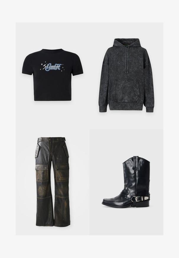 Schwarze Kapuzenjacke mit einem strukturierten, verwitterten Finish. Mit einer Kordelzugkapuze, Fronttasche und gerippten Bündchen sowie Saum. Logo auf der Brust. ; Schwarzes, kurzes T-Shirt aus Baumwolle mit rundem Ausschnitt, das auf der Vorderseite ein blaues und weißes "GmbH"-Logo zeigt, umgeben von kleinen Sternen.; Schwarze Leder-Cargo-Hose mit abgenutzter Optik, großen Seitentaschen, hoher Taille und kontrastierender Naht entlang der Nähte.; Schwarze Ledersporenstiefel mit spitzem Zeh, hohem Schaft, dekorativer Stickerei und silberner Schnallenhardware am Riemen. Strukturiertes Finish.