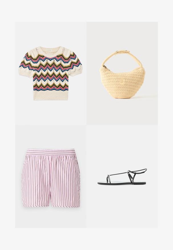Pull en tricot avec une base crème et des motifs en zigzag verts, rouges, bleus et noirs. Manches courtes et col et ourlet côtelés.; Shorts de sommeil en coton avec des rayures verticales roses et brunes, une taille élastique avec smocks et une coupe décontractée pour le confort.; Sandale plate noire avec fines lanières, une boucle pour les orteils et une boucle de cheville ajustable sur un fond gris clair.; Sac à main beige tissé avec corps arrondi, fermeture éclair et une sangle courte et épaisse dans un style crochet simple et texturé.