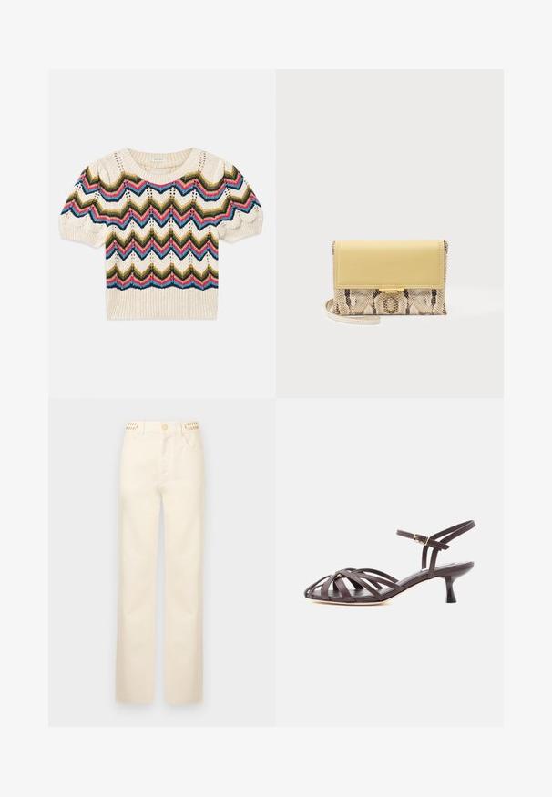 Strikket sweater med en cremefarvet bund og zigzag-mønstre i grøn, rød, blå og sort. Korte ærmer samt ribbet halsudskæring og kant.; Rabanne Jeans Straight Leg - off white denim; Mørkebrun læder sandal med smalle remme, kitten heel og justerbar ankelrem med spænde på hvid baggrund.; Lille clutchtaske med gul læderklap og kropsdel med slangeprint, med en tynd håndledsrem og lås i guldfarve på ensfarvet baggrund.