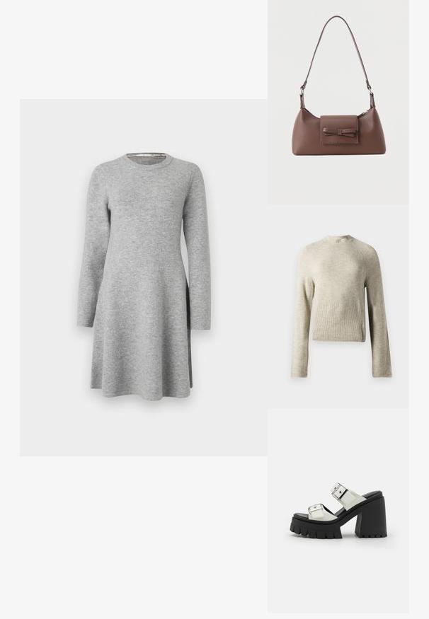Pull gris clair avec un col montant, des manches longues et un ourlet côtelé. Confectionné en matériau doux et pelucheux, il offre une coupe décontractée.; Robe grise à manches longues en tissu doux ; présente un col rond et une coupe décontractée, s'évasant légèrement à l'ourlet avec des fentes latérales.; Sandale à talon chunky avec une semelle en caoutchouc noir, une tige en synthétique blanche, deux brides à boucle argentée réglables et une épaisse plateforme.; Sac à bandoulière en cuir marron avec une poche à rabat avant ornée d'un détail en forme de nœud cousu et une sangle réglable.