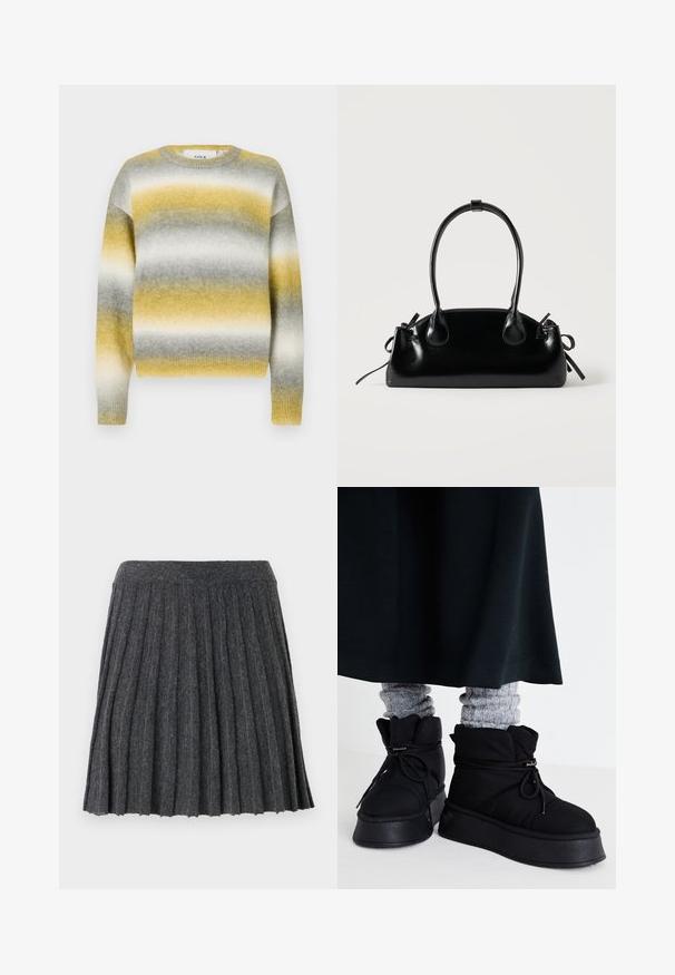 Strikket sweater med vandrette striber i gul, grå og hvid. Rund halsudskæring, ribbede ærmer og blødt, struktureret stof.; Vero Moda Knitted VMMARINA Short - Mini skirts - dark grey; Sorte, puffede ankelstøvler med flade såler, snørebånd og fremtrædende stikninger. Bæret med grå ribbede sokker, der stikker frem, sammen med en mørk nederdel.; Lille sort blank håndtaske med to lange håndtag og snøre-detaljer i siden på en ensfarvet lys baggrund.