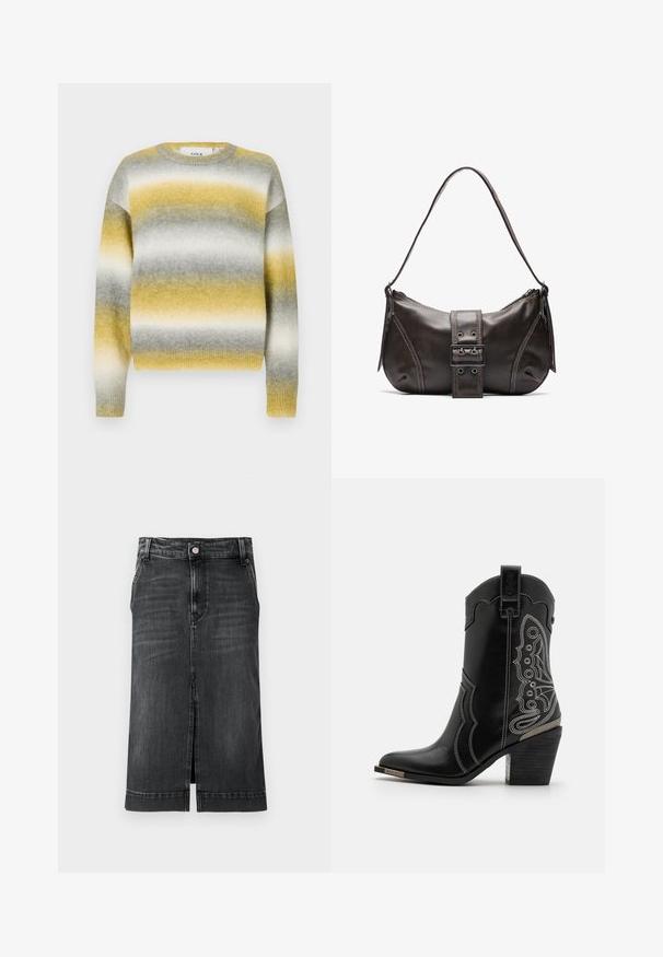 Strikket sweater med vandrette striber i gul, grå og hvid. Rund halsudskæring, ribbede ærmer og blødt, struktureret stof.; Mørk denimnederdel med lige snit, knælang, med forkert split og klassisk fem-lommer design. Har en knaplukning og bæltestropper.; Sort læder cowboystøvle med hvid stitching og udsmykning på siderne. Hælen er kraftig og struktureret med en metallisk accent.; Brun læder skuldertaske med en buet form, der har et fremtrædende spænde, kontrasterende syninger og en enkelt skulderrem.
