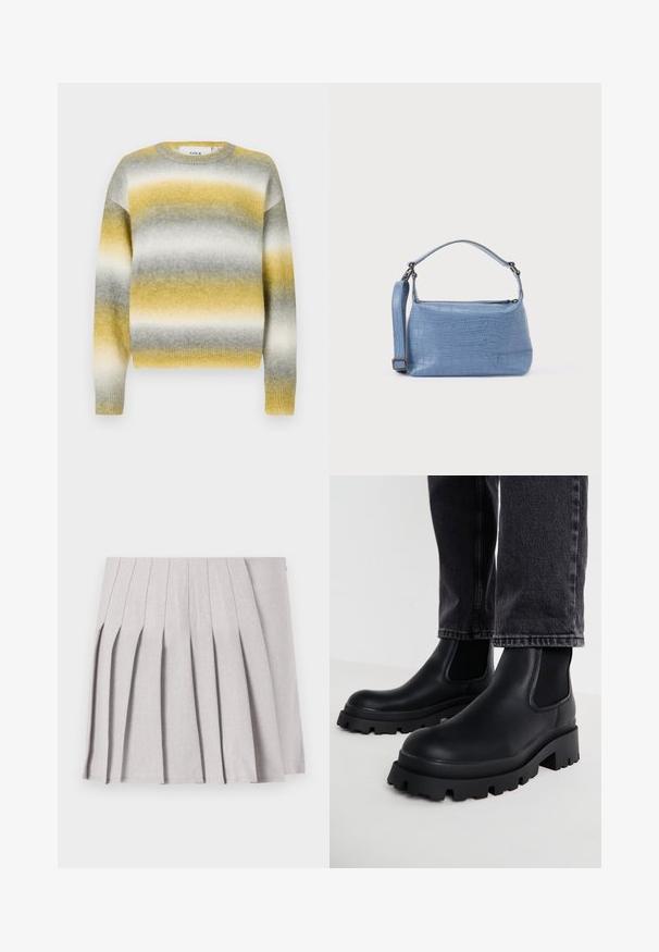 Strikket sweater med vandrette striber i gul, grå og hvid. Rund halsudskæring, ribbede ærmer og blødt, struktureret stof.; Grå plisseret nederdel med en glat tekstur, der har flere lodrette folder og en tætsiddende talje. Fremstillet af letvægtsstof.; Sorte ankelstøvler med en kraftig sål, lavet af glat læder, med elastiske sidepaneler og en blokhæl, parret med mørke denimbukser.; Lyseblå taske med krokodillepræg, kort håndtag og aftagelig skulderrem. Glat tekstur med lynlås.