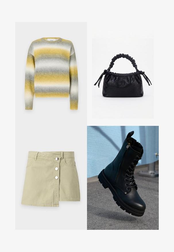 Strikket sweater med vandrette striber i gul, grå og hvid. Rund halsudskæring, ribbede ærmer og blødt, struktureret stof.; Beige denim omlægningnederdel med sølvfarvede trykknapper foran og bæltestropper, der har en let overlapning på højre side foran.; Sorte læder ankel støvler med snørebånd, sidelås, tekstureret overflade og en robust sål med fremtrædende slidbaner.; Sort taske med krokodilletekstur, rynket øverste kant, samlet hank og snore med kvaster på hver side mod en hvid baggrund.
