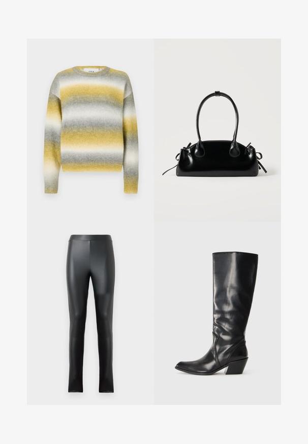 Pull en tricot avec des rayures horizontales jaunes, grises et blanches. Encolure ronde, poignets côtelés et tissu doux et texturé.; Leggings noirs en matériau lisse et brillant, dotés d'une taille haute et d'une coupe ajustée. Aucune couture ni embellissement visibles.; Botte en cuir noir montante jusqu'au genou avec un bout pointu, un talon angulaire et une texture lisse. Présente une subtile couture sur le côté.; Petit sac à main noir brillant avec deux longues anses et des détails à cordon sur les côtés sur un fond clair uni.
