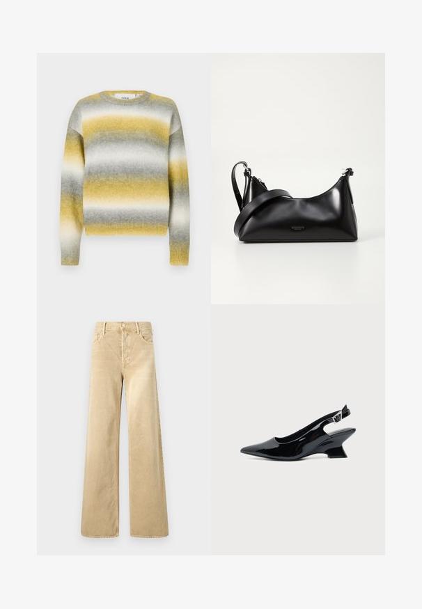 Pull en tricot avec des rayures horizontales jaunes, grises et blanches. Encolure ronde, poignets côtelés et tissu doux et texturé.; Pantalon ample en velours côtelé beige avec une texture lisse, doté d'une fermeture à boutons et d'un design classique à cinq poches.; Chaussure slingback en cuir verni noir avec bout pointu et petit talon bloc incliné sur fond clair uni.; Sac à main en cuir noir avec une texture lisse. Dispose d'une bandoulière adjustable et d'un design élégant et minimaliste avec une fermeture éclair.