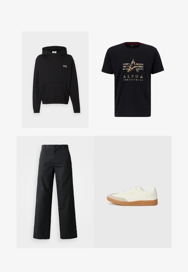 Zwarte hoodie met voorvak en wit "bareen" logo op de borst, getoond tegen een grijze achtergrond.; Zwarte katoenen T-shirt met een camouflageafbeelding van de letters "A" en "I" en de tekst "ALPHA INDUSTRIES" in een contrasterende kleur.; Zwarte wijde broek van katoen. Voorzien van een knoopsluiting, riemlussen en zijzakken. Gladde textuur met een op maat gemaakte snit.; Schoen gemaakt van wit leer met een beige teenkap en een lichtbruine rubberen zool. Voorzien van platte witte veters en reliëfbranding aan de zijkant.
