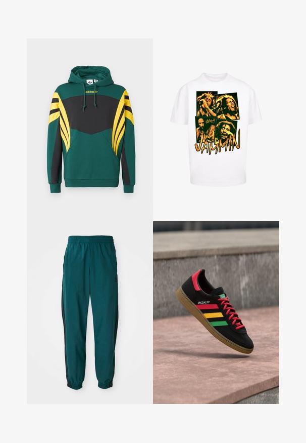 Roheline pusa musta rinnapaneeliga, kollaste ja mustade triibuliste varrukate detailidega, esitasku ja Adidas logo kapuutsi all.; Valge puuvillane T-särk, millel on grafika, kus on neli pilti muusikust tumerohelise taustal, millel on oranž kiri "JAMMIN'".; Türkis värvi spordipüksid, millel on nööriga vöökoht, elastsed mansetid ja mustad triibud külgedel. Valmistatud kergest kangast, logoga puusade lähedal.; Must Adidas Spezial tossud punaste, kollaste ja roheliste triipude, punaste paelte, kummist tallaga ja punase kontsaga detailiga, kujutatud õhus tänava kohal hõljuvana.