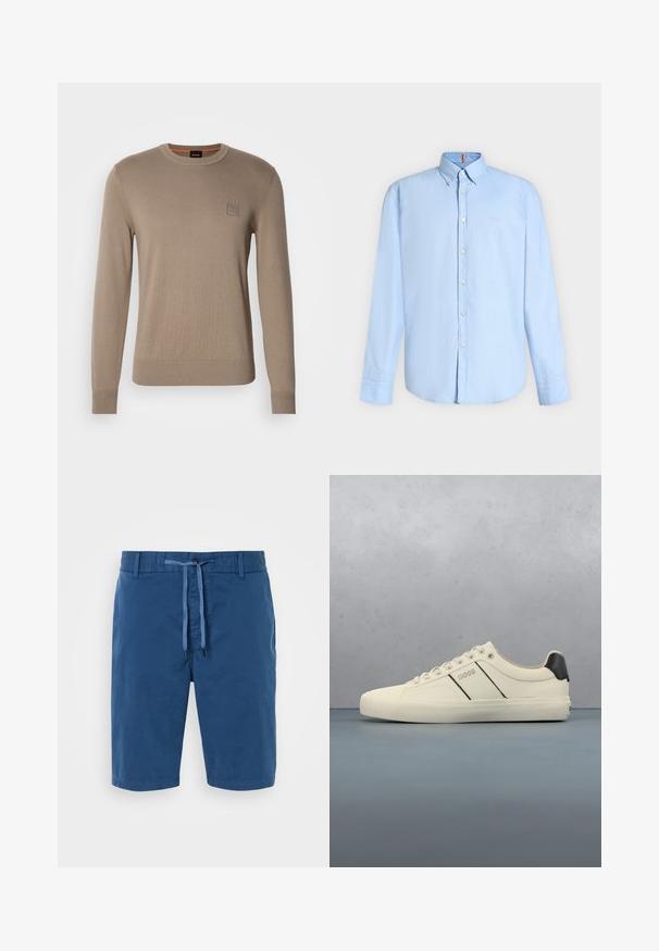 Suéter de cuello redondo beige para hombre con mangas largas, puños y dobladillo acanalados, que cuenta con un pequeño parche con un logotipo cuadrado en el pecho.; Camisa azul clara de manga larga con botones, cuello abotonado y botones blancos, mostrada sobre un fondo liso y claro.; Pantalones cortos de algodón azul con cintura elástica, cierre con cordón, bolsillos laterales y una textura suave. No hay patrones ni acentos visibles.; Zapatillas de color crema con una textura suave, que presentan acentos y marcas en negro. Diseño clásico de cordones con punta redonda y suela de goma.