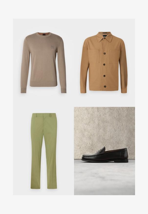 Meeste beež ümar kaelusega särk pikkade varrukatega, ribakätiste ja -äärtega, millel on rinnal väike ruudukujuline logo silt.; BOSS CRAIG - Pluus - medium beige; Õhukese lõikega oliivrohelised püksid vööaasade, eesmine luku ja sirgete säärtega, asetatud heledale taustale.; Mustast nahast penny loafer madala kontsaga, ümara ninaga ja esikülje ning külgede ümber tikandiga, esitatud neutraalsel taustal.