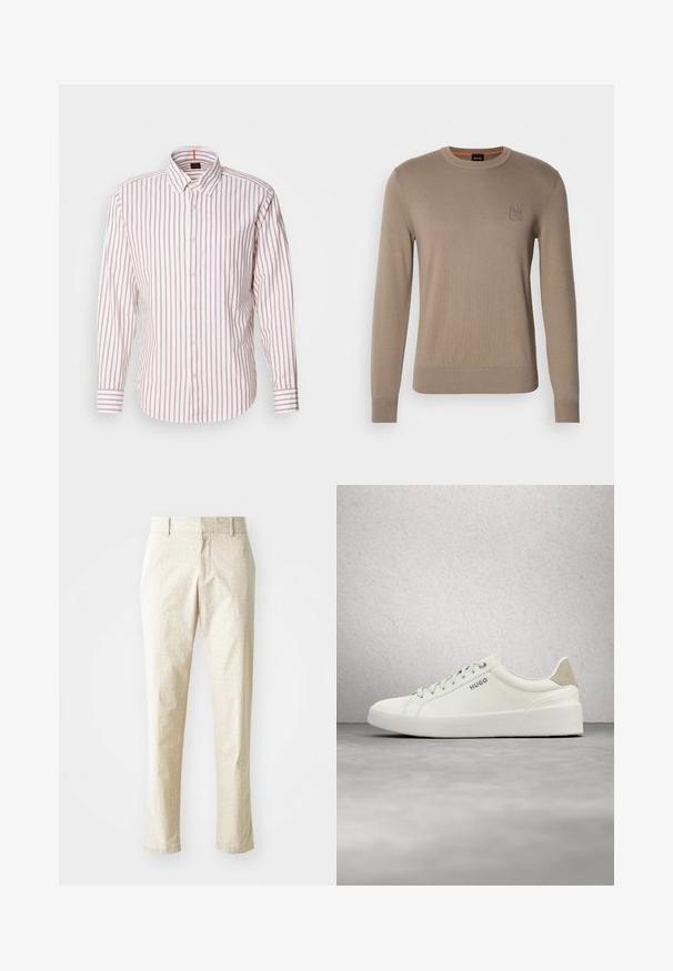 Herrebeige crewneck sweater med lange ærmer, ribbede manchetter og kant, med et lille firkantet logo på brystet.; Stribet skjorte i hvid og lys pink. Har krave, lange ærmer og et lille logo på brystet. Lavet af bomuldsmateriale.; Lys beige skræddersyede bukser med et tekstureret mønster, lige pasform og medium høj talje, der har bæltestropper og ingen synlige lommer.; Hvid lav sneaker med snørebånd og beige hælflap med mærket "HUGO," svævende over en poleret betonflade nær en glasblokvæg.