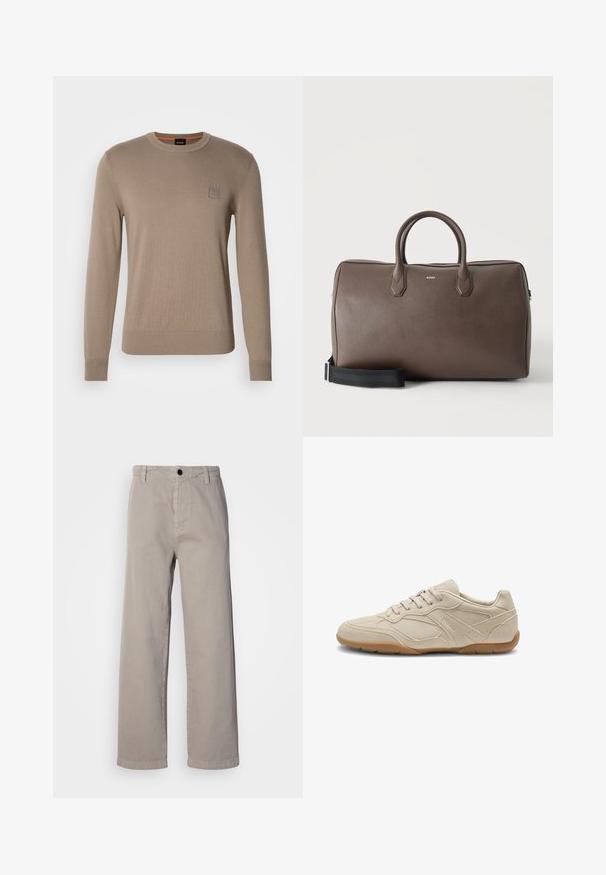 Pull en beige pour homme avec col rond, manches longues, bords côtes aux poignets et à l'ourlet, arborant un petit patch logo carré sur la poitrine.; Pantalons larges beiges en coton doux, dotés d'une fermeture à bouton et de passants de ceinture. Texture lisse avec un design épuré et minimal.; Baskets en daim beige avec une semelle en caoutchouc, présentant un design épuré et des coutures ton sur ton. Logo embossé sur le côté près des lacets.; Sac de sport en cuir marron avec deux poignées, une bandoulière noire réglable et un petit logo "BOSS" au centre à l'avant.
