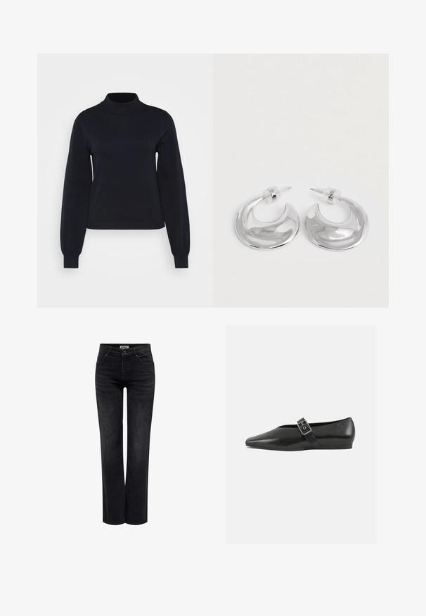 Schwarzer Rollkragenpullover aus weichem, dehnbarem Strickstoff. Verfügt über lange Ärmel und ein tailliertes Design mit gerippten Details am Hals und den Bündchen.; ONLY BLUSH MID STRAIGHT NOOS - Jeans Straight Leg - washed black; Schwarze Lederflachschuhe mit spitzem Zehenbereich, ausgestattet mit einem metallischen Riemen über dem Spann und einer niedrigen, flexiblen Sohle.; Ein Paar polierte silberne, halbmondförmige Creolen mit klaren Kunststoffrückseiten auf einer weißen Oberfläche.