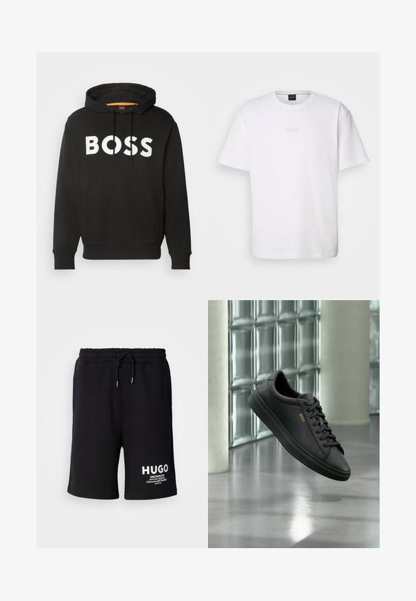 Schwarzer Hoodie mit Fronttasche und weißem, kräftigem BOSS-Schriftzug über der Brust, mit Kordelzug-Kapuze und gerippten Bündchen und Saum.; Weißes Baumwoll-T-Shirt mit kurzen Ärmeln, rundem Ausschnitt und geprägtem "BOSS"-Logo auf der Brust. Glatte Textur, normale Passform.; Schwarze Baumwollshorts mit einem elastischen Bund und Kordelzug. Weißes "HUGO"-Logo am linken Bein. Einfaches Design, knielanger Schnitt.; Schwarzer flacher Ledersneaker mit schwarzen Schnürsenkeln und goldenem BOSS-Logo an der Seite, schwebend über einem glänzenden grauen Boden in einem modernen Innenraum.