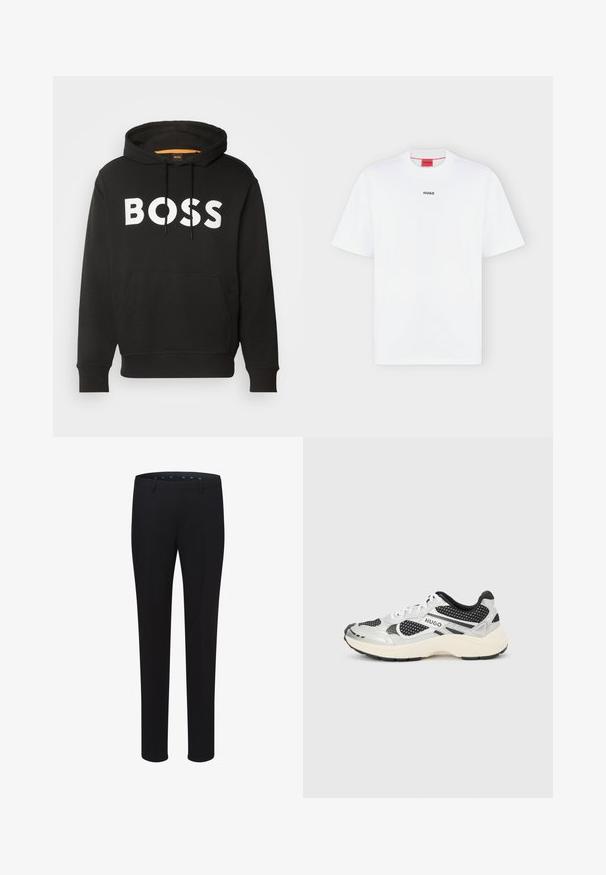 Zwarte hoodie met voorzak en witte, dikke BOSS-tekst over de borst, met een capuchon met trekkoord en geribbelde boorden aan mouwen en zoom.; Wit T-shirt met korte mouwen met een klein zwart "HUGO" logo in het midden van de borst en een rood label aan de binnenkant van de kraag.; Zwarte op maat gemaakte broek met een gladde textuur, rechte pijpen en riemlussen. Heeft een klassieke snit en geen zichtbare patronen of accenten.; Witte en zwarte lage sneaker met meshpanelen, met de merknaam "HUGO" aan de zijkant, en een dikke off-white zool tegen een lichtgrijze achtergrond.