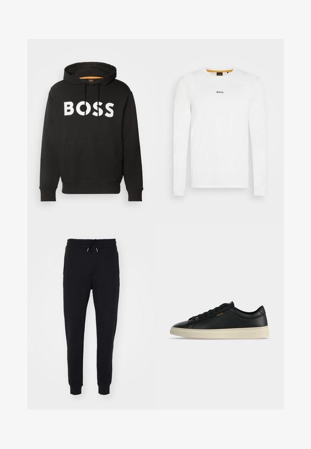 Sweat à capuche noir avec poche avant et texte blanc en gras BOSS sur la poitrine, à capuche avec cordon de serrage et poignets et ourlets côtelés.; T-shirt blanc à manches longues en coton, avec un col rond et un logo "BOSS" noir au centre. Texture lisse, design décontracté.; Pantalons de survêtement noirs en tissu doux, dotés d'une taille élastique avec cordon de serrage, de poches latérales et de finitions ajustées aux chevilles.; Baskets basses en cuir noir avec semelle blanche, lacets noirs et petit logo BOSS doré sur le côté.