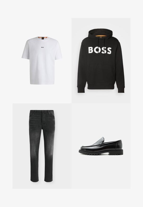 Sudadera negra con capucha, bolsillo delantero y texto BOSS blanco en negrita en el pecho, con capucha con cordón y puños y bajo de canalé.; Camiseta de algodón blanca de manga corta, con un logotipo negro "BOSS" centrado en el pecho y un diseño de cuello redondo.; Vaqueros negros de corte ajustado con detalles desgastados, estilo de cinco bolsillos y cierre con botón en la cintura.; Mocasín de cuero negro con suela de goma gruesa, empeine cosido y nombre de la marca en relieve en el talón, mostrado en perfil lateral sobre fondo blanco.