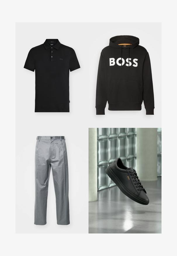 Sudadera negra con capucha, bolsillo delantero y texto BOSS blanco en negrita en el pecho, con capucha con cordón y puños y bajo de canalé.; Polo negro de corte ajustado con tres botones, mangas cortas y un sutil logotipo "BOSS" en el pecho y en el interior del cuello.; Pantalones de algodón gris con un diseño de pierna recta, que cuentan con un cierre de botón en la parte delantera, presillas para el cinturón y bolsillos laterales.; Zapatilla baja de piel negra con cordones negros y logo dorado BOSS en el lateral, flotando sobre un suelo gris brillante en un espacio interior moderno.