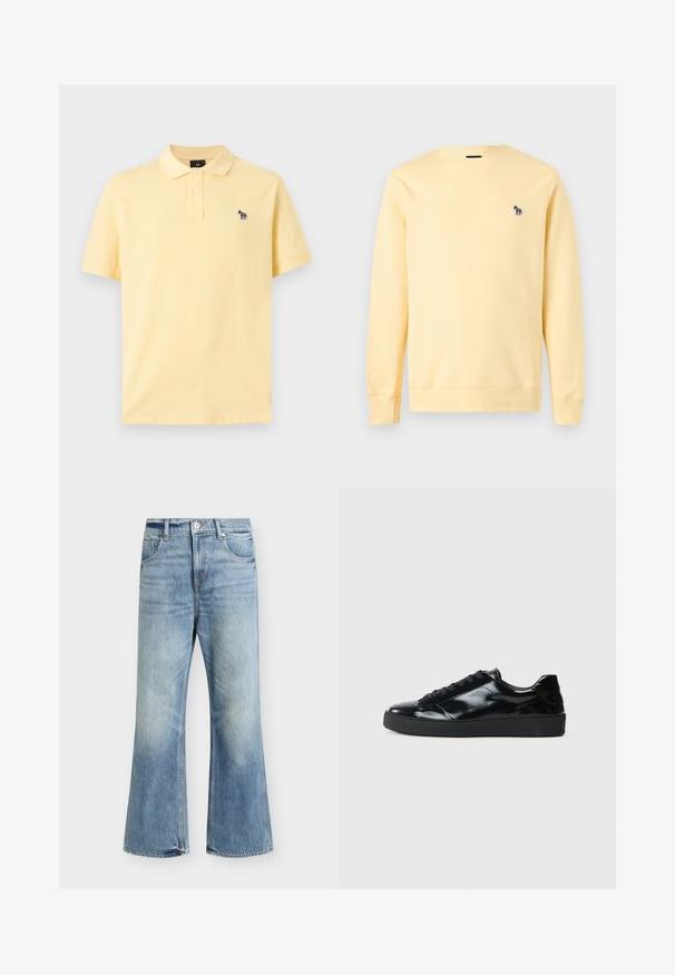 Sweat-shirt jaune clair à manches longues avec col rond et petit logo zèbre brodé sur la poitrine gauche.; Polo à manches courtes jaune clair avec deux boutons et un petit logo zèbre multicolore brodé sur la poitrine gauche.; Jean bleu clair taille haute jambe large, fermeture devant par bouton et zip, deux poches avant et délavage subtil sur les cuisses et les genoux.; Baskets en cuir verni noir avec un bout arrondi, un laçage, une semelle en caoutchouc texturé et une finition lisse.