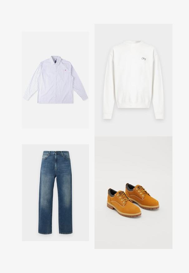 Sudadera blanca hecha de tela suave, con un cuello redondo y puños acanalados. La palabra "Obey" está bordada en el pecho con una fuente cursiva sencilla.; Camisa blanca de manga larga con rayas verticales azules, cierre de botones en la parte delantera, cuello, bolsillo en el pecho izquierdo y detalle de logo rojo. Tela suave y tejida.; Vaqueros azules de corte recto con zonas desgastadas en los muslos, estilo de cinco bolsillos y cierre de botón y cremallera.; Zapatos de ante marrón con punta redonda, cordones amarillos, un collar acolchado negro y suelas de goma con surcos de tracción.