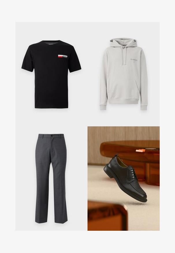 Helle graue Kapuzenjacke aus weichem Material, ausgestattet mit einer Kängurutasche, einer verstellbaren Kapuze und einem dezenten "ALLSAINTS"-Logo auf der Brust.; Schwarzes Baumwoll-T-Shirt mit einem kleinen Logodesign und einem rechteckigen Farbbereich in Rot und Weiß im linken Brustbereich.; Graue maßgeschneiderte Anzughose aus gewebtem Stoff, mit geradem Bein, flachem Vorderteil und einem einzelnen Knopfverschluss.; Schwarzer Leder-Schnürschuh mit texturierter Vorderseite, schwebend über beigem Teppich in einem modernen Raum mit bernsteinfarbenen Möbeln.